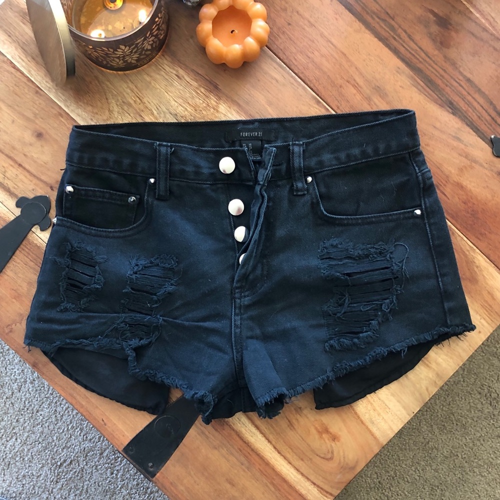 Forever 21 Black High Waisted Distressed Cutoff Denim Shorts